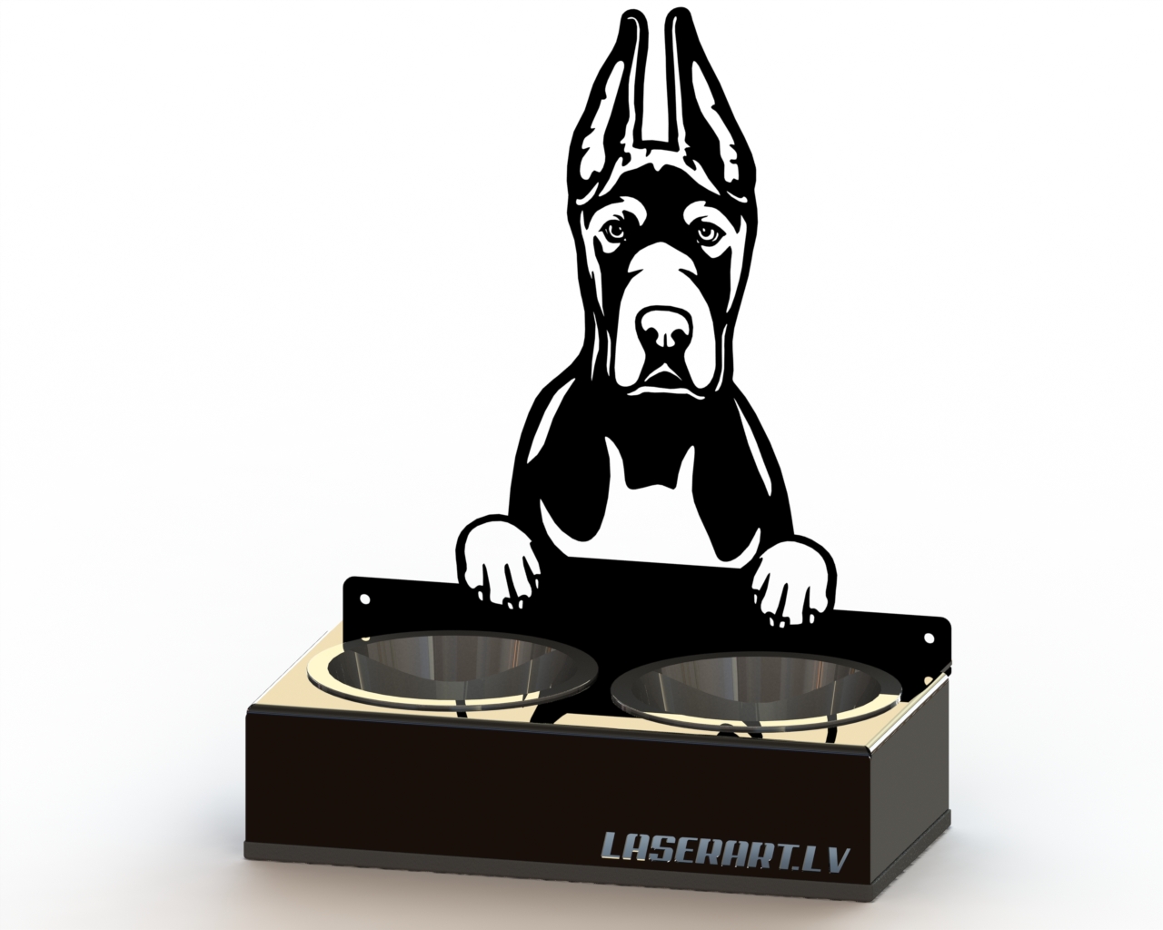 2-Bowl Dog Feeder, Great Dane Cropped Ears Dog breed, Raised Feeding Station