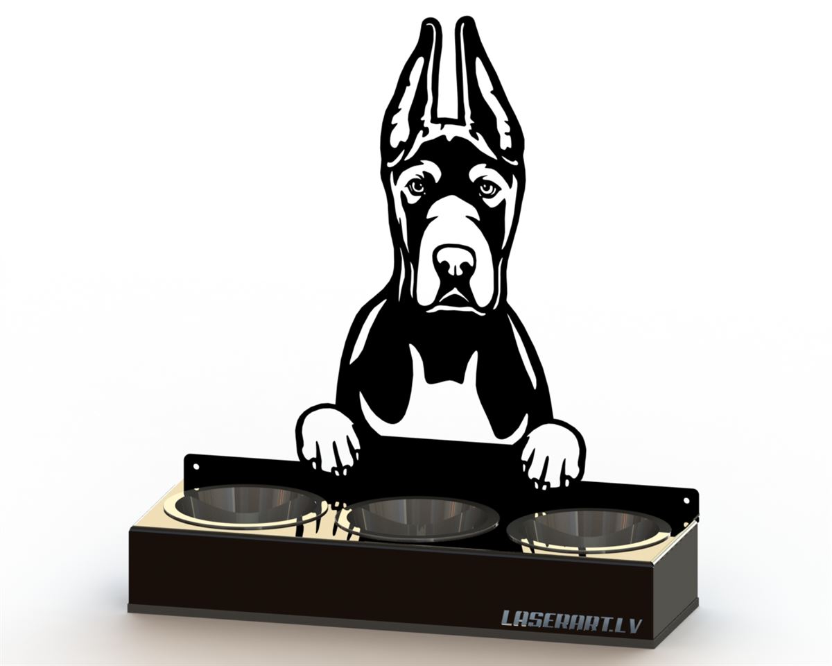 3-Bowl Dog Feeder, Great Dane Cropped Ears Dog breed, Raised Feeding Station